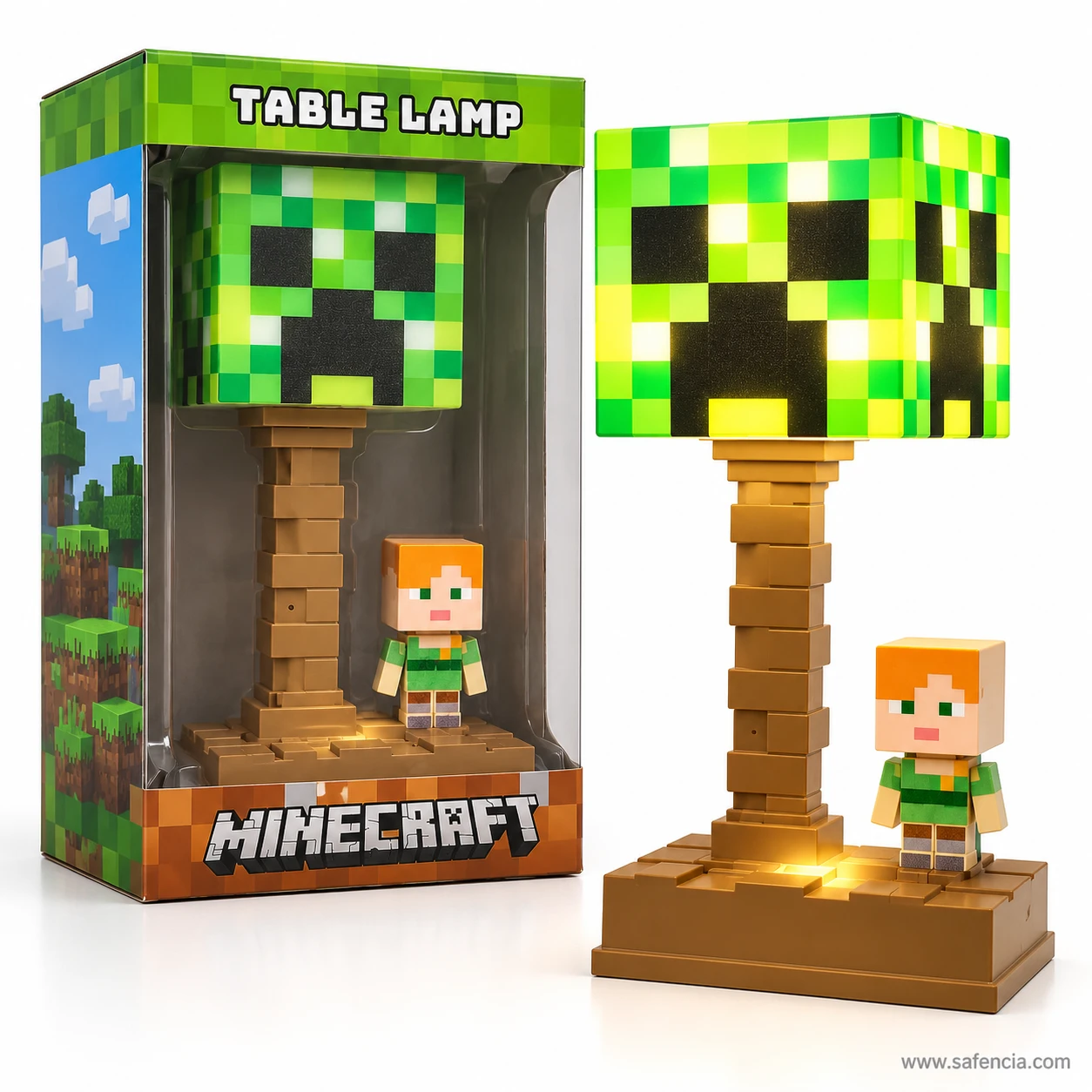 Minecraft Creeper table lamp beside its window box printed Table Lamp with the Minecraft logo