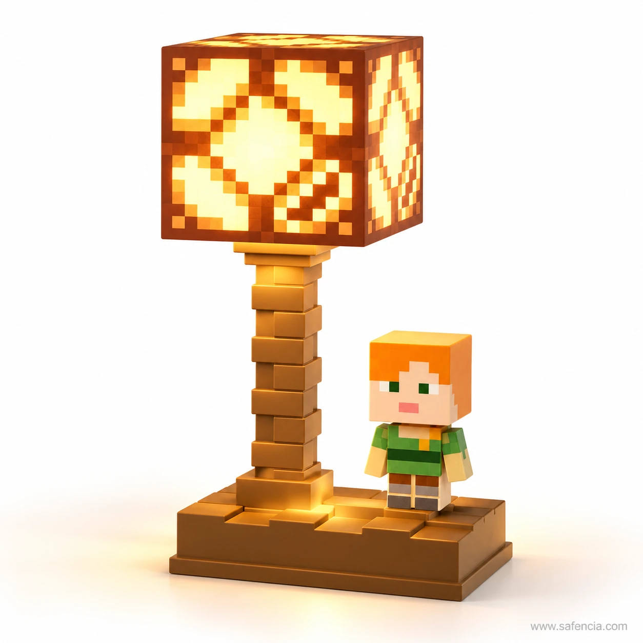 Minecraft table lamp with an orange Redstone lamp cube shade glowing warm, Alex standing on the base