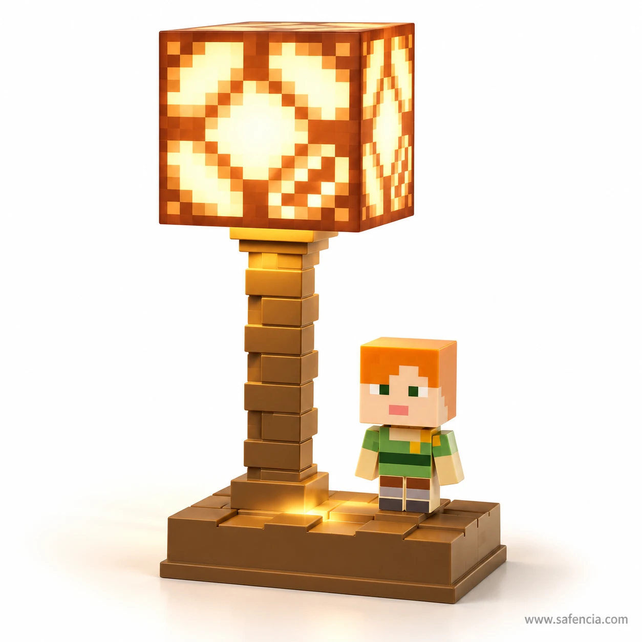 Side angle of the Minecraft Redstone table lamp showing the cube shade, block trunk and Alex figure