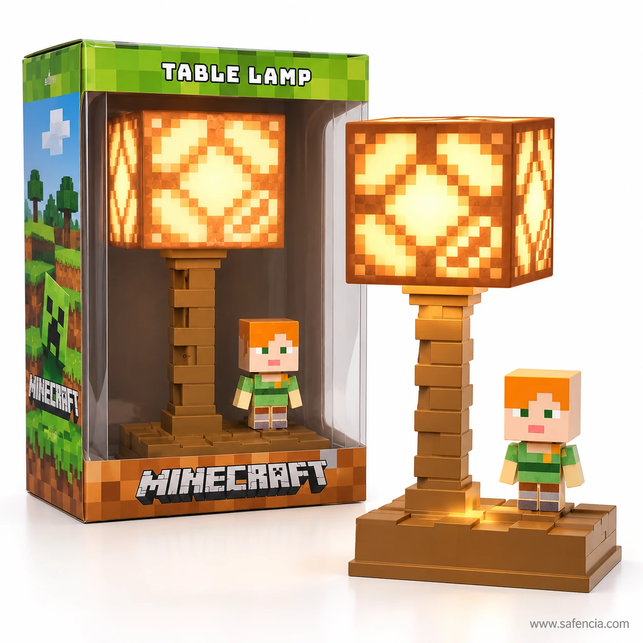 Minecraft Redstone table lamp glowing orange next to its Minecraft Table Lamp window box