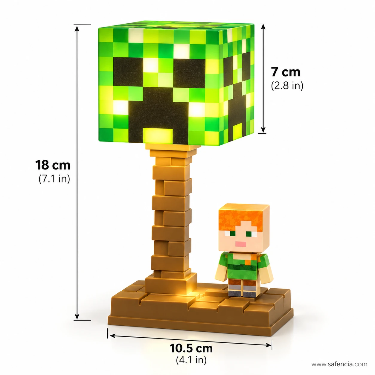 Minecraft table lamp size guide: about 18 cm tall, cube shade about 7 cm, base about 10.5 cm wide