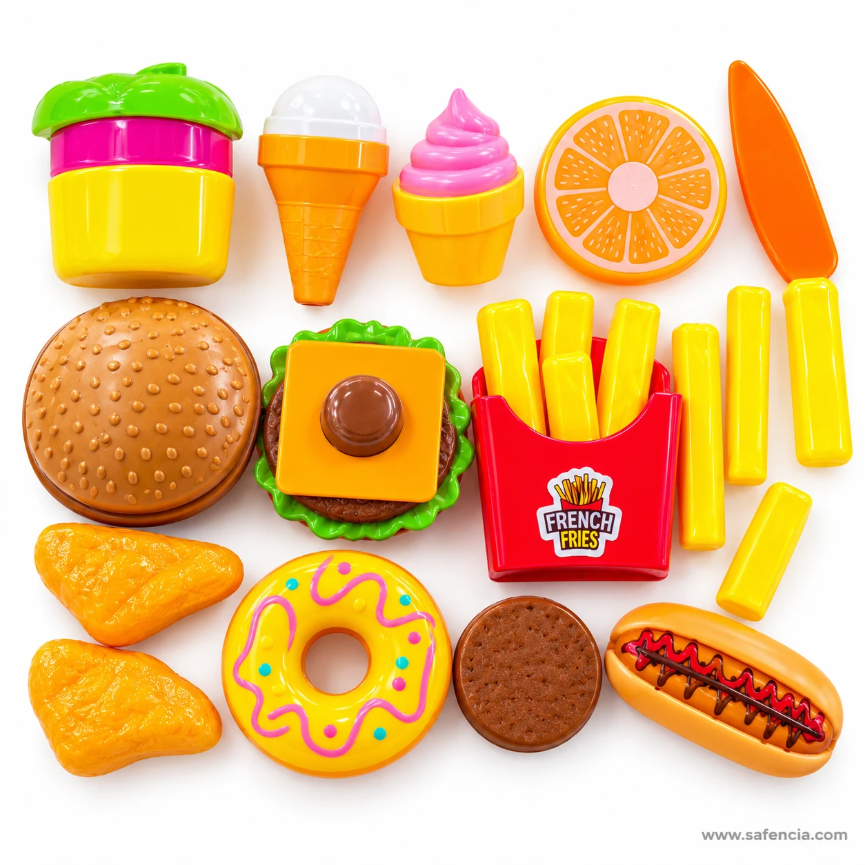Mini Burger Set food pieces laid out: drink cup, ice creams, orange, burger bun, patty, fries, nuggets, donut, cookie, hot dog