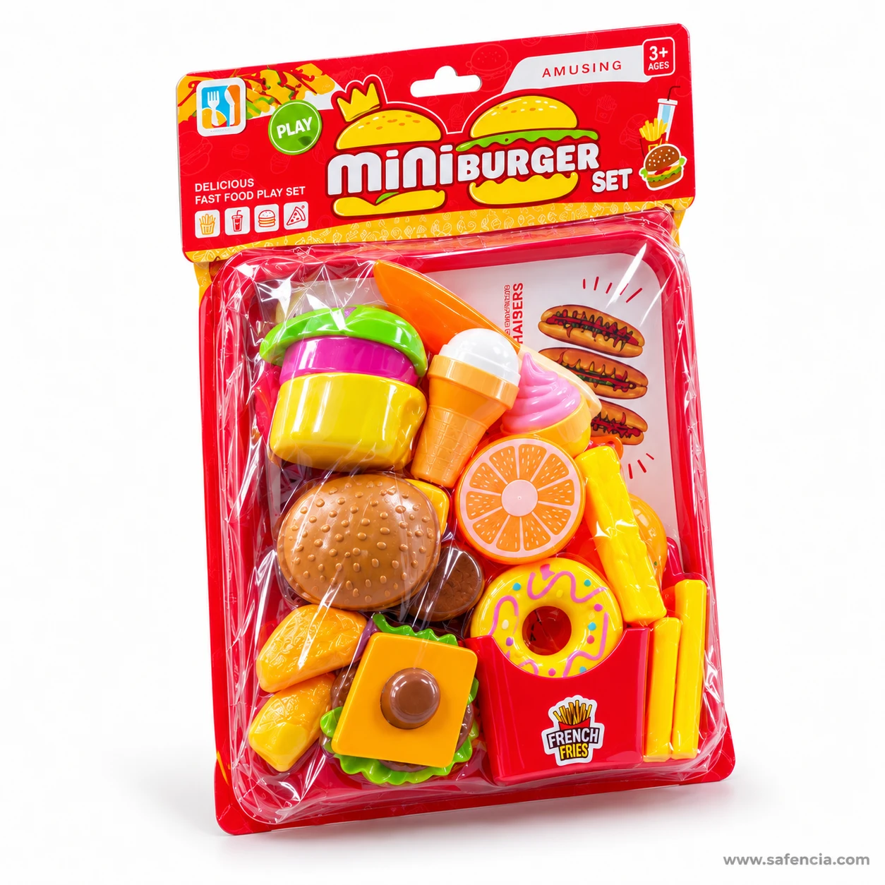 Mini Burger fast food play set pack seen at an angle showing the burger, fries box and donut inside