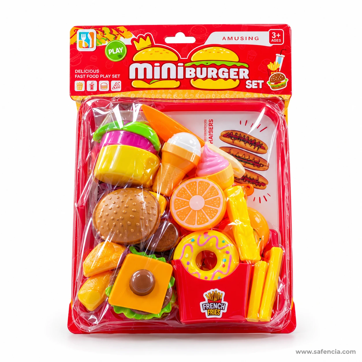 Front of the Mini Burger Set pack marked Delicious Fast Food Play Set for ages 3 and up, on a red tray