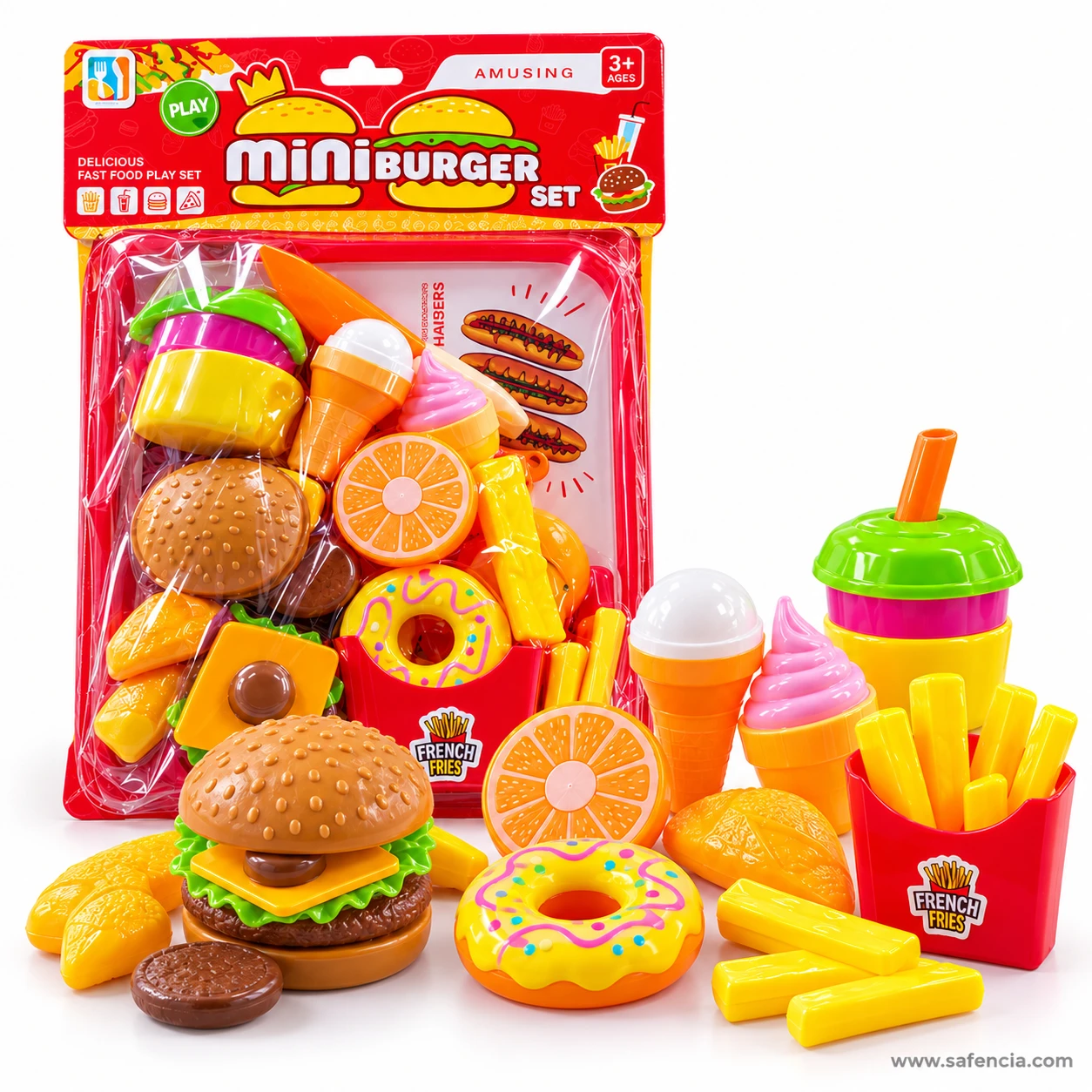 Mini Burger Set pack with a burger, fries, nuggets, donut, drink and ice creams served in front of it