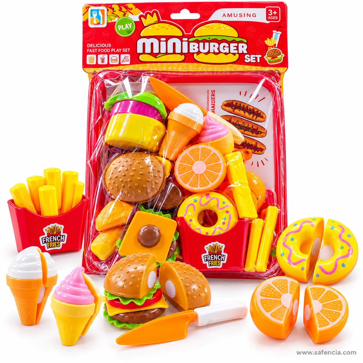 Mini Burger Set burger, donut and orange cut into velcro halves beside the pack and the toy knife