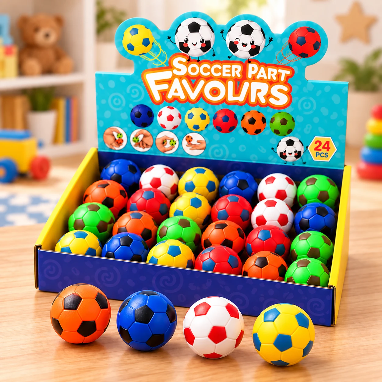 Twenty-four-piece Soccer Party Favours display of mini football fidget balls on a playroom table