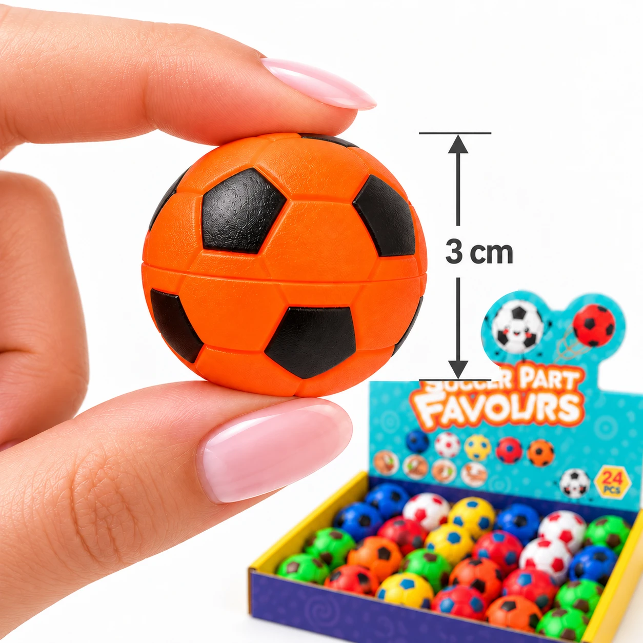 Orange mini football fidget ball held in fingertips with a measuring line marking 3 cm