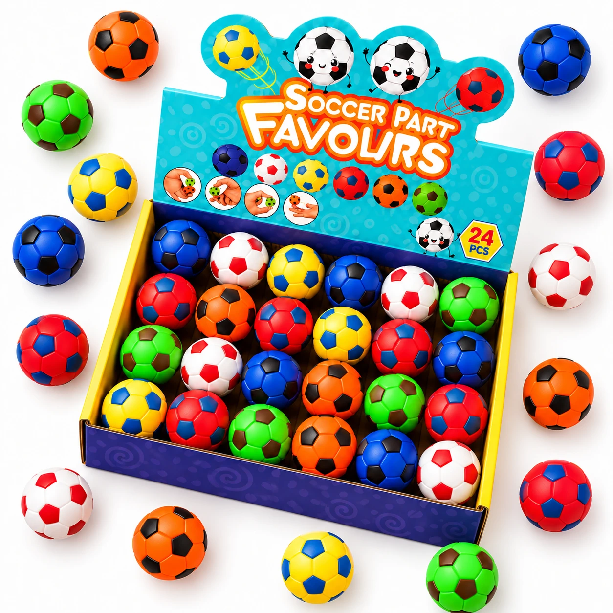 Mini football fidget balls in orange, green, blue, yellow, red and white scattered around their display box