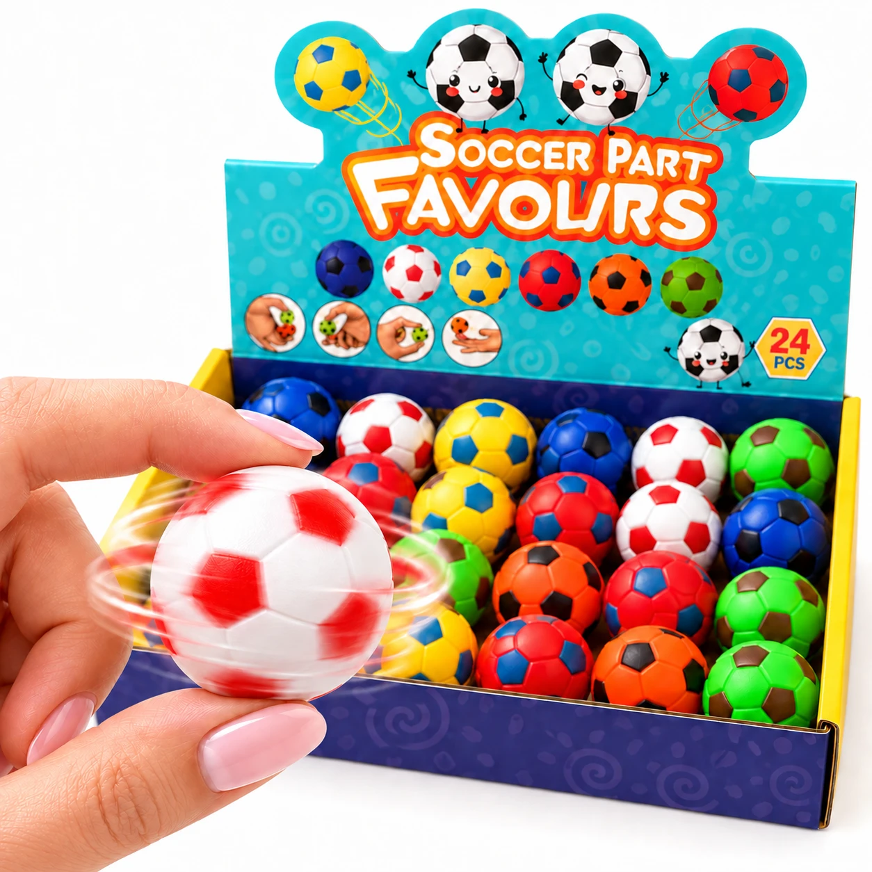Red and white mini football fidget ball spinning between finger and thumb with motion lines