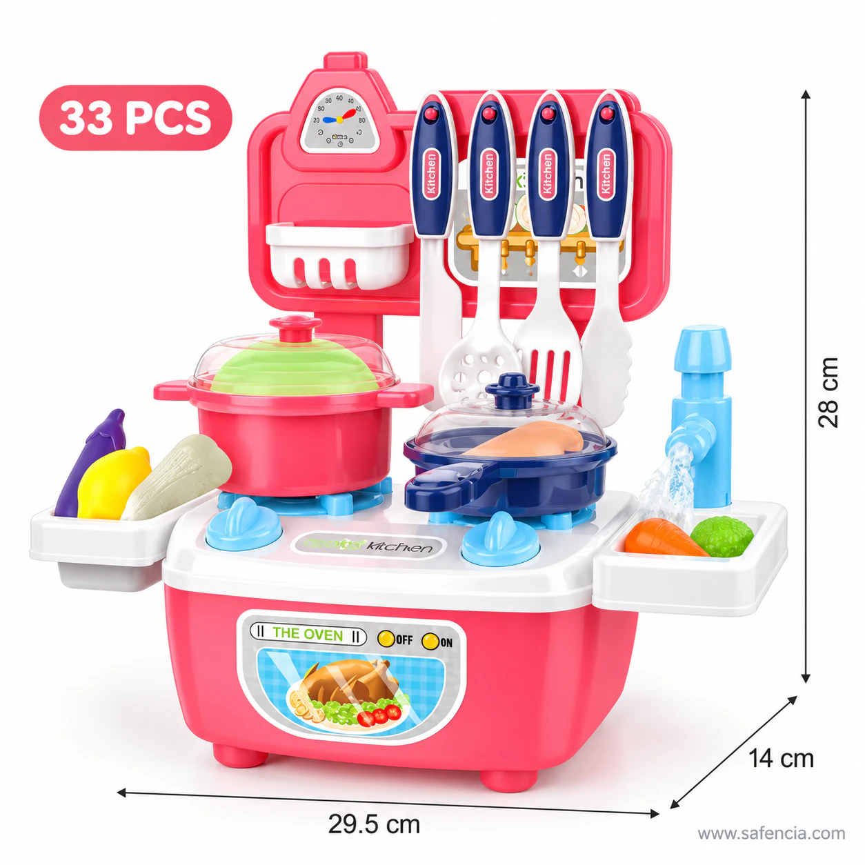 33 pcs mini kitchen set measured at 29.5 cm wide, 14 cm deep and 28 cm tall, with its pot, pan and utensils