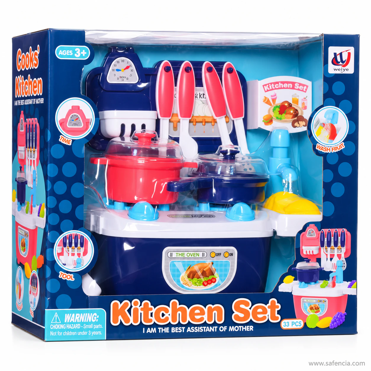 Navy blue Cooks' Kitchen mini kitchen set in its window box, printed Kitchen Set, 33 pcs and ages 3+