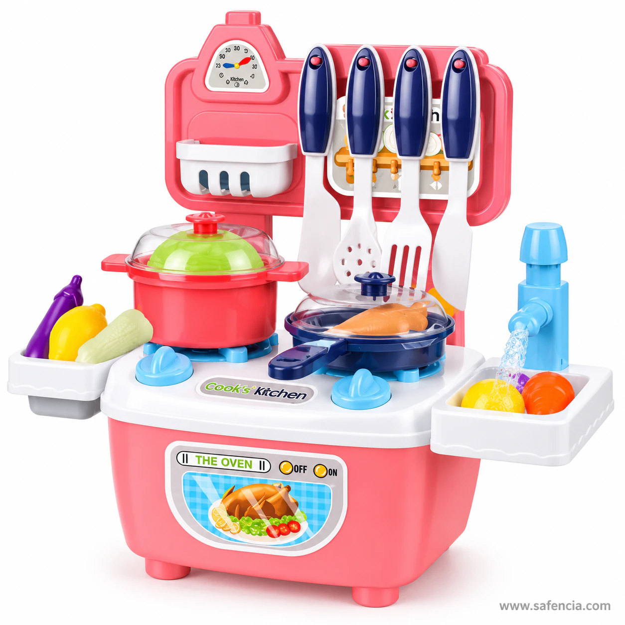 Front view of the pink mini kitchen set showing the oven-print base, both hob rings and the sink tray with its tap