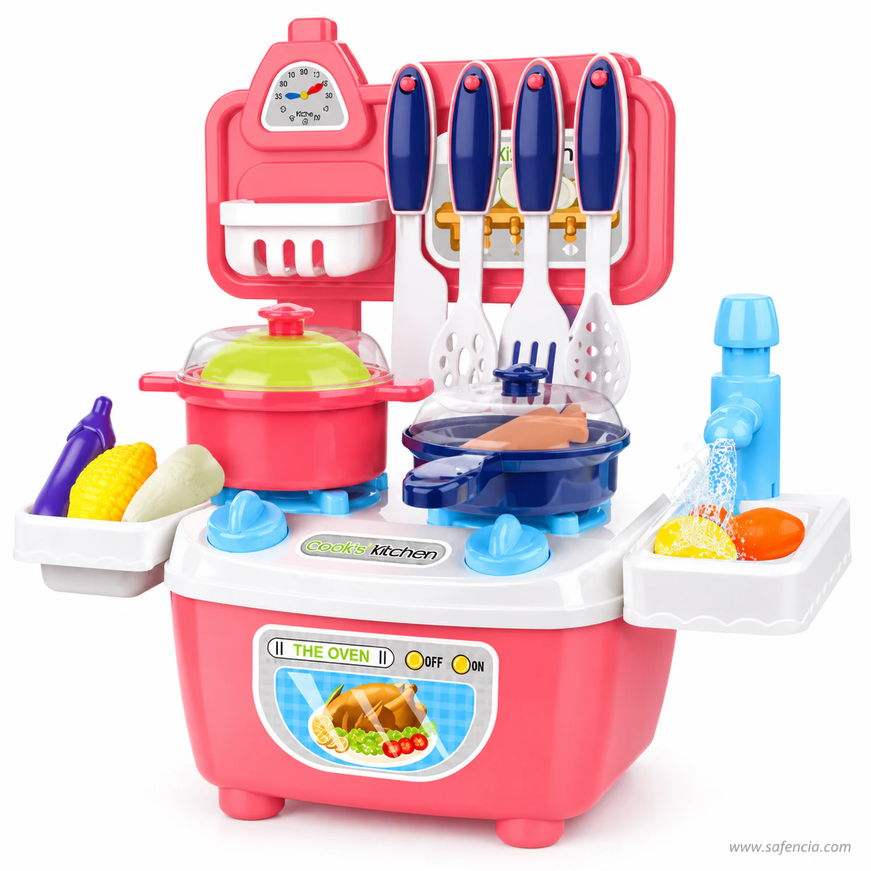 Pink mini kitchen set seen from the left, with the vegetable tray, the pot with a green lid and the blue pretend tap