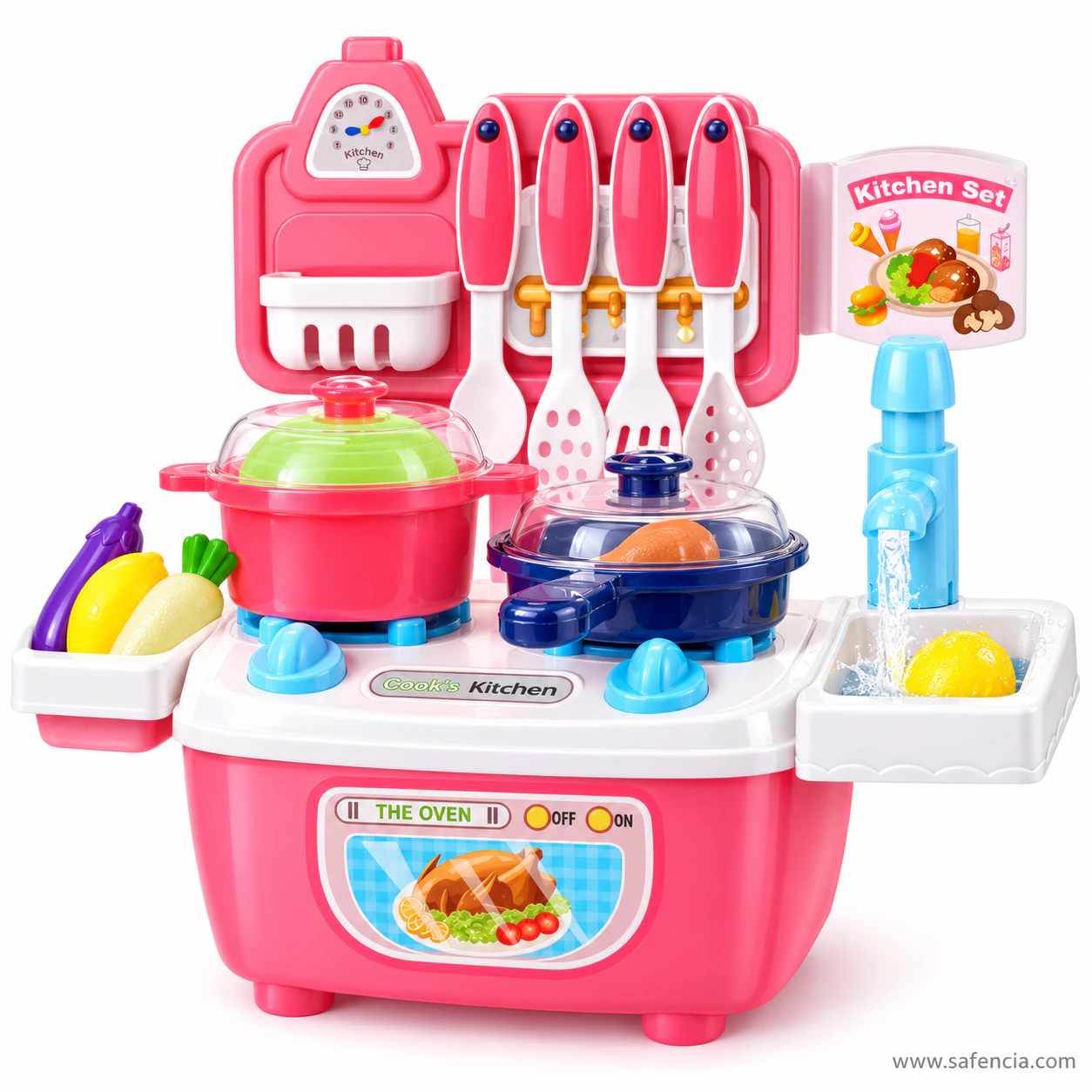 Pink mini kitchen set with the Kitchen Set menu card standing beside the tap and four utensils on the back rail