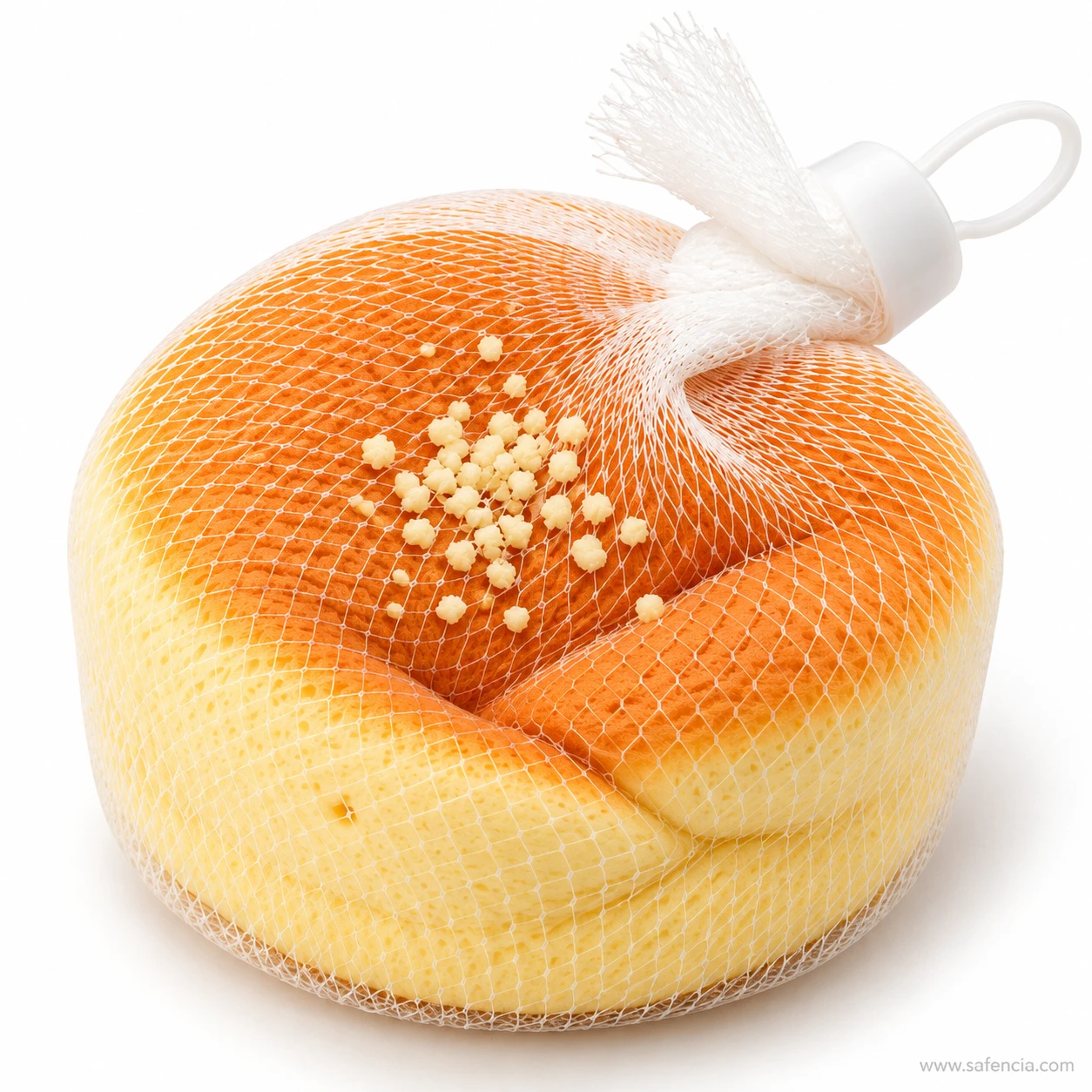 Mini sponge cake squishy with its top pressed in, creasing like real sponge inside the net