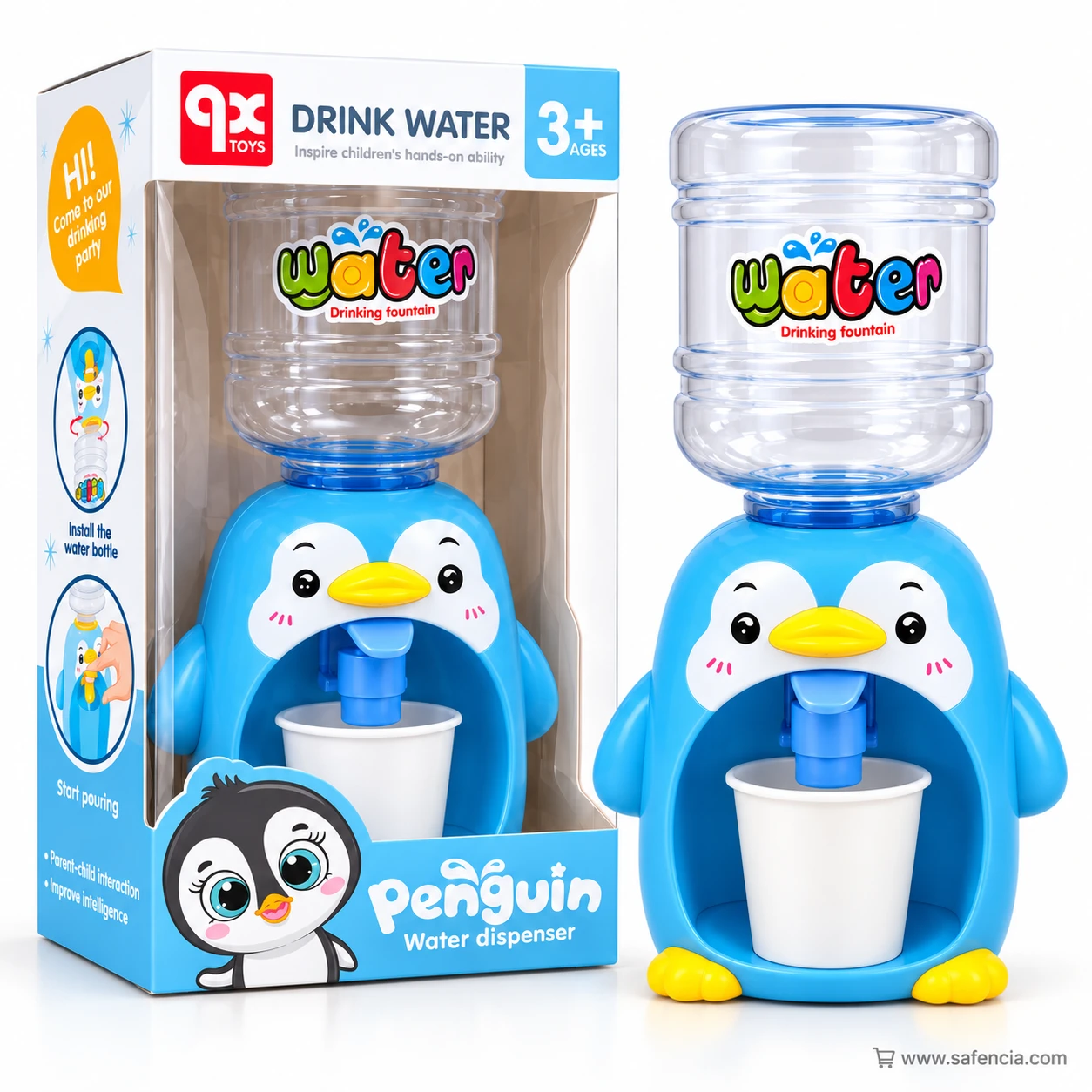 Blue penguin mini water dispenser standing next to its blue Penguin Water dispenser box with the penguin visible inside
