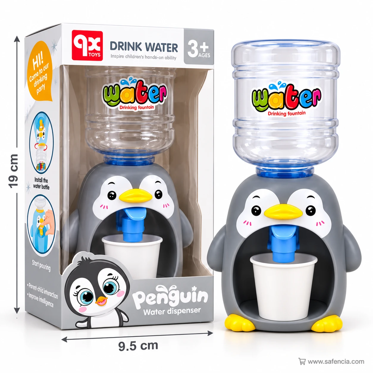 Grey penguin water dispenser next to its box, measured at about 19 cm tall and 9.5 cm wide, printed Drink Water by 9X Toys