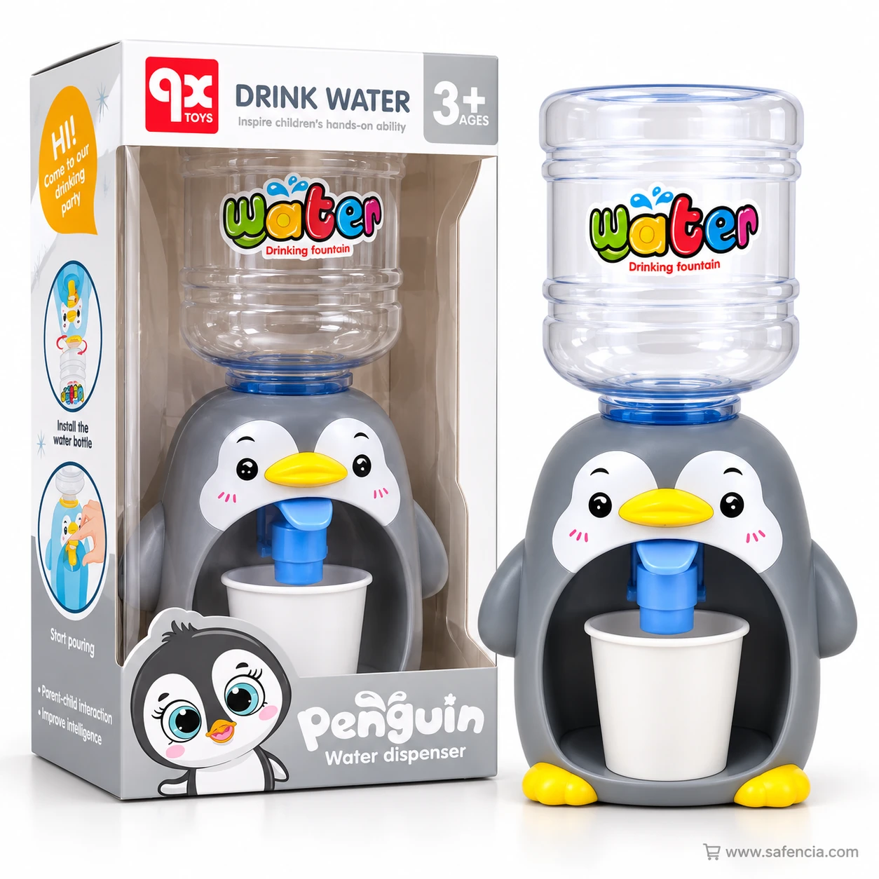 Grey penguin kids water dispenser with its yellow feet and blue tap standing in front of its grey Penguin box
