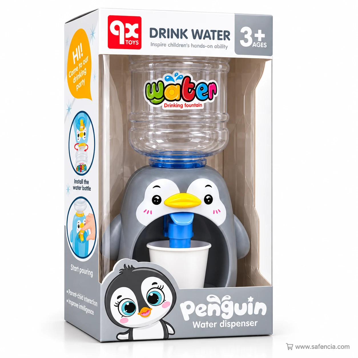 Grey penguin mini water dispenser packed in its window box, side panel showing install the water bottle and start pouring