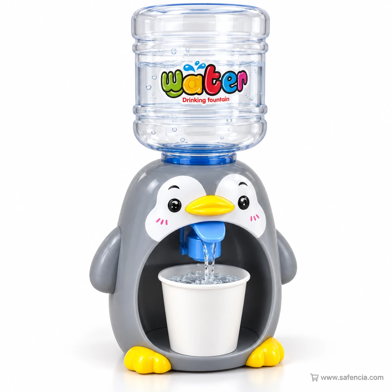 Grey penguin kids water dispenser pouring water into a white cup, its clear bottle printed water Drinking fountain