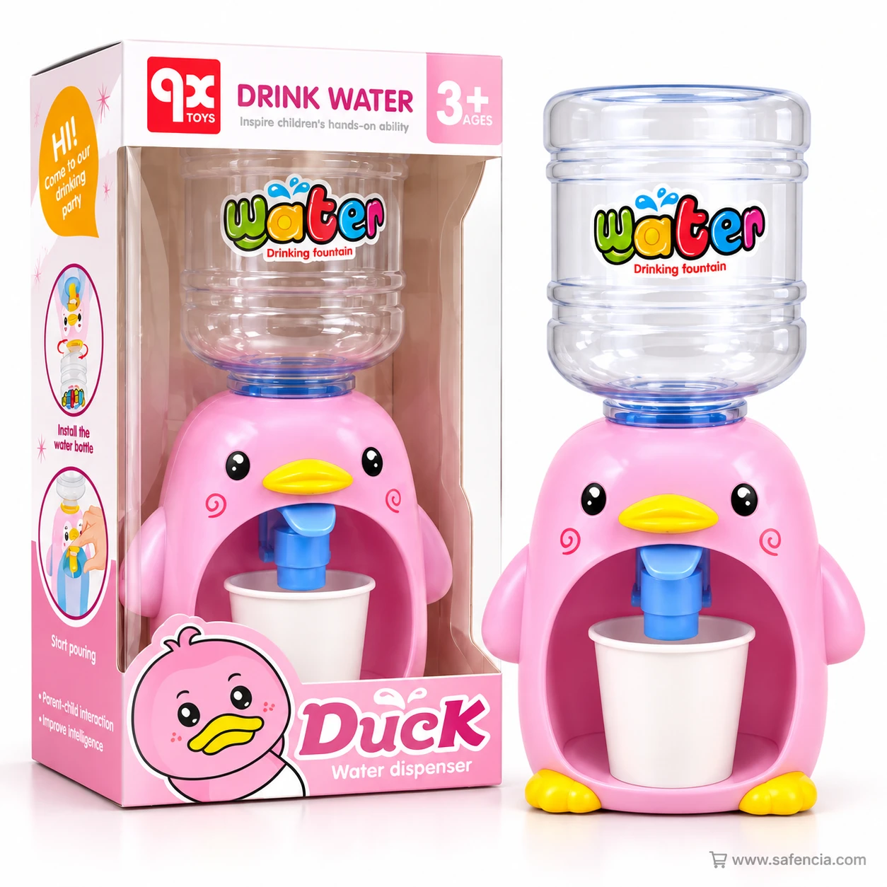 Pink duck mini water dispenser beside its pink Duck Water dispenser box printed Drink Water and 3+ ages