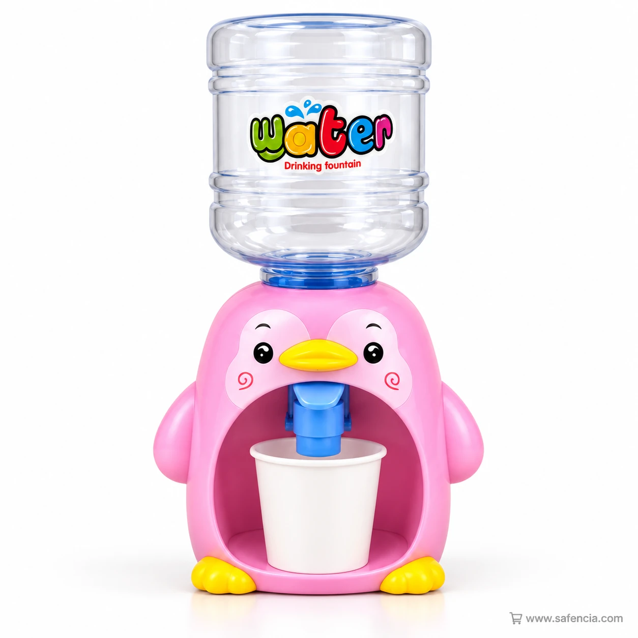 Pink duck mini water dispenser with a yellow beak, swirly cheeks, a blue tap and a white cup under a clear water bottle