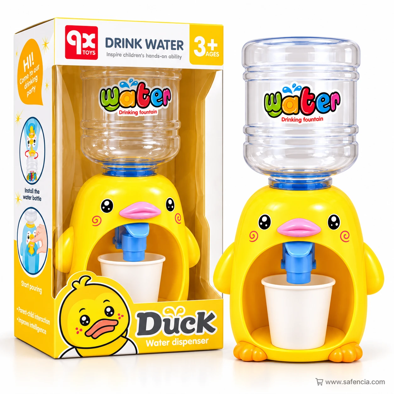 Yellow duck mini water dispenser with a white cup under its blue tap, standing beside the yellow Duck box