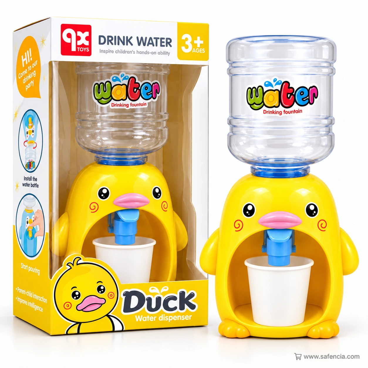 Yellow duck kids water dispenser with a pink beak standing beside its yellow Duck Water dispenser box marked 3+