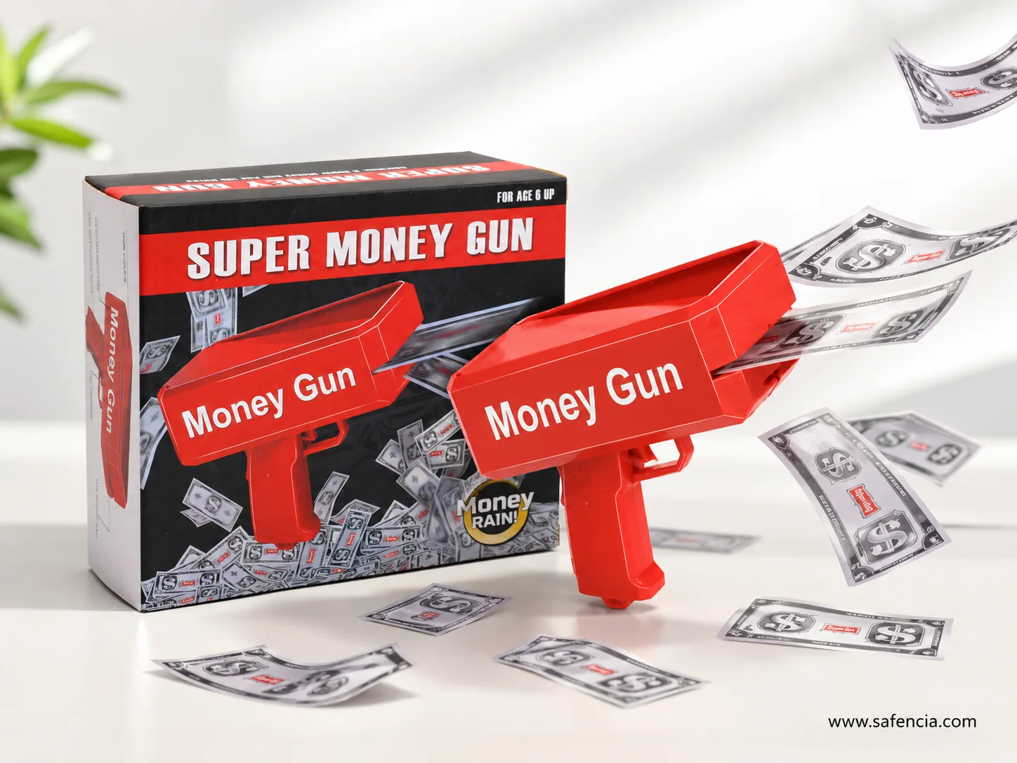 Super money gun retail box marked for age 6 up with red gun firing play notes