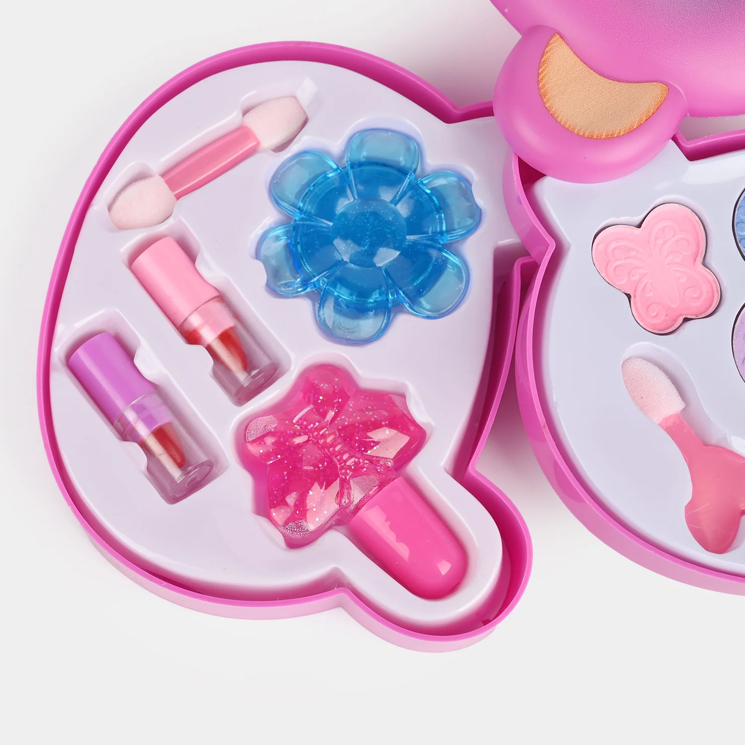 Monkey Makeup Case open view - eyeshadows, lipstick, lip gloss and nail polish