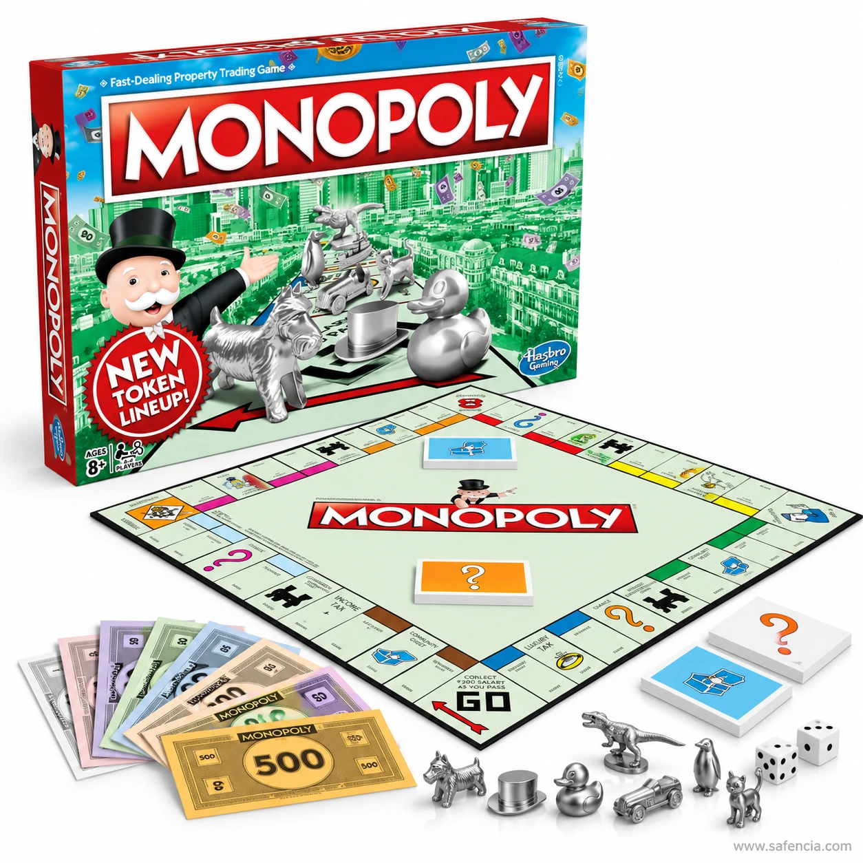 Monopoly classic box marked ages 8 and up with the New Token Lineup badge, board and fanned dollar notes in front