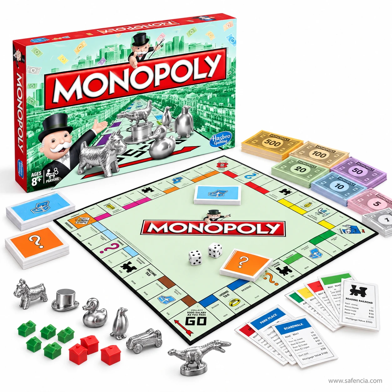 Monopoly board game with green houses, red hotels, dice, dollar notes and Chance and Community Chest cards on the board