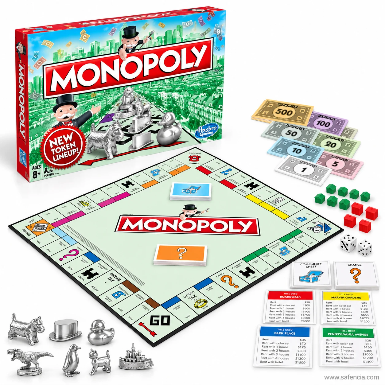 Monopoly silver tokens Scottie dog, top hat, rubber duck, T-rex, penguin, cat and battleship beside Boardwalk and Park Place title deeds