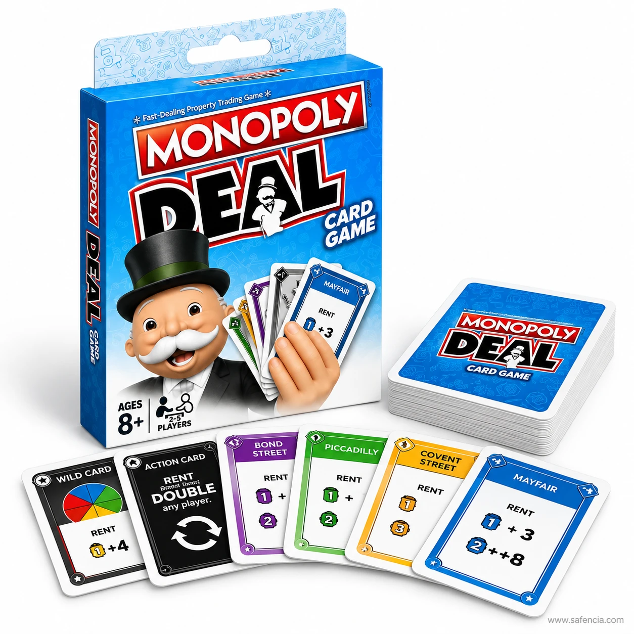 Monopoly Deal card game blue box beside the deck with wild card, action card and property cards