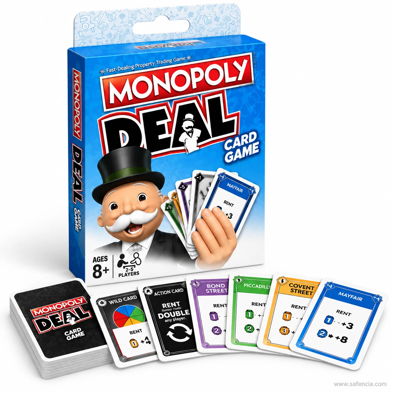 Monopoly Deal classic blue box marked ages 8 plus and 2 to 5 players with the deck and cards