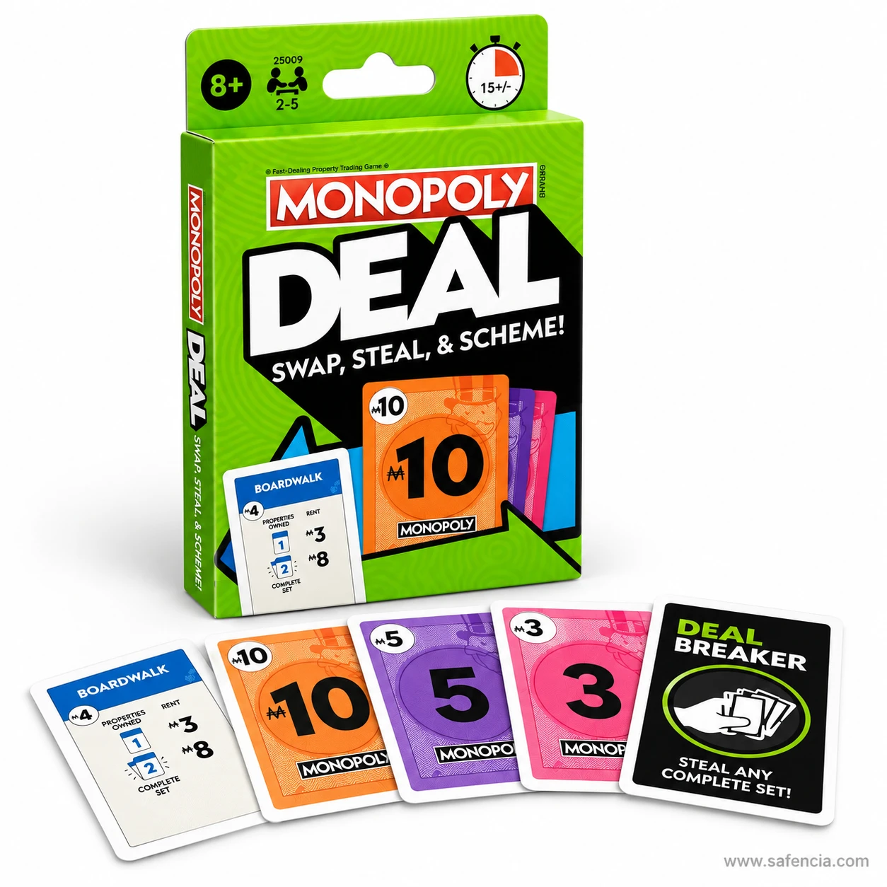 Monopoly Deal green box with Boardwalk property card, 10, 5 and 3 money cards and Deal Breaker card