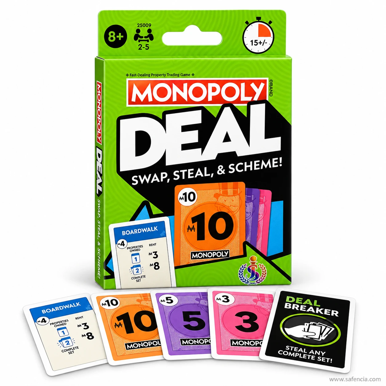Monopoly Deal Swap Steal and Scheme green box with money, property and Deal Breaker cards