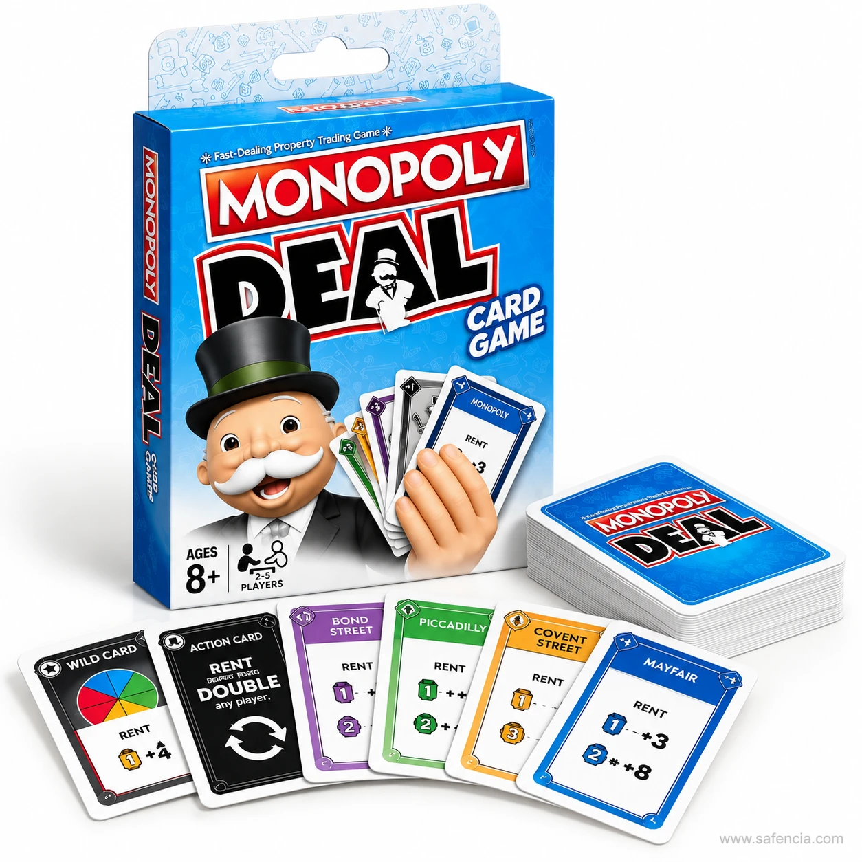 Monopoly Deal card game rent, action and wild cards laid out in front of the blue box