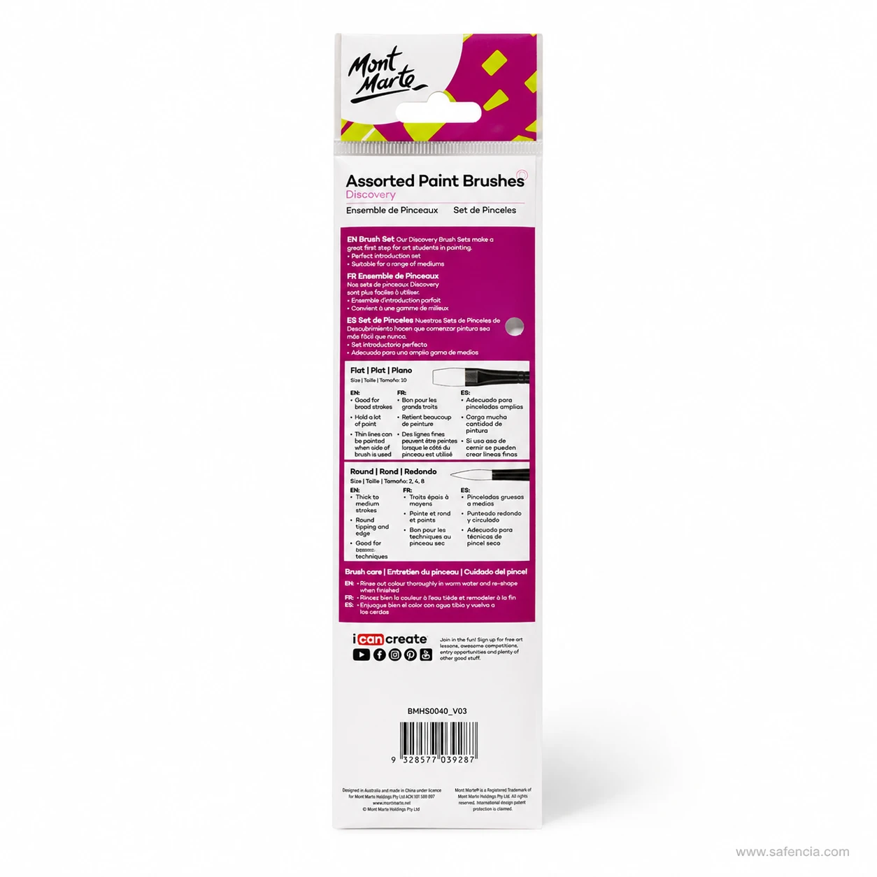 Back of the Mont Marte Discovery pack listing brush sizes and uses