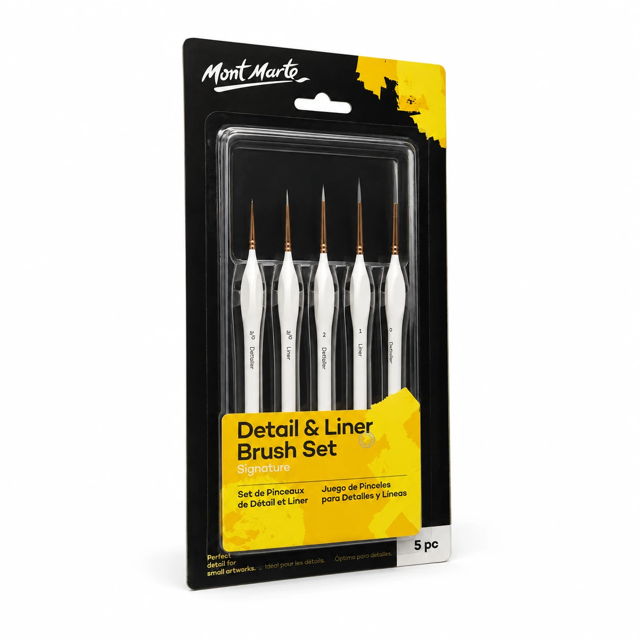 Mont Marte detail and liner brush set blister pack seen at an angle