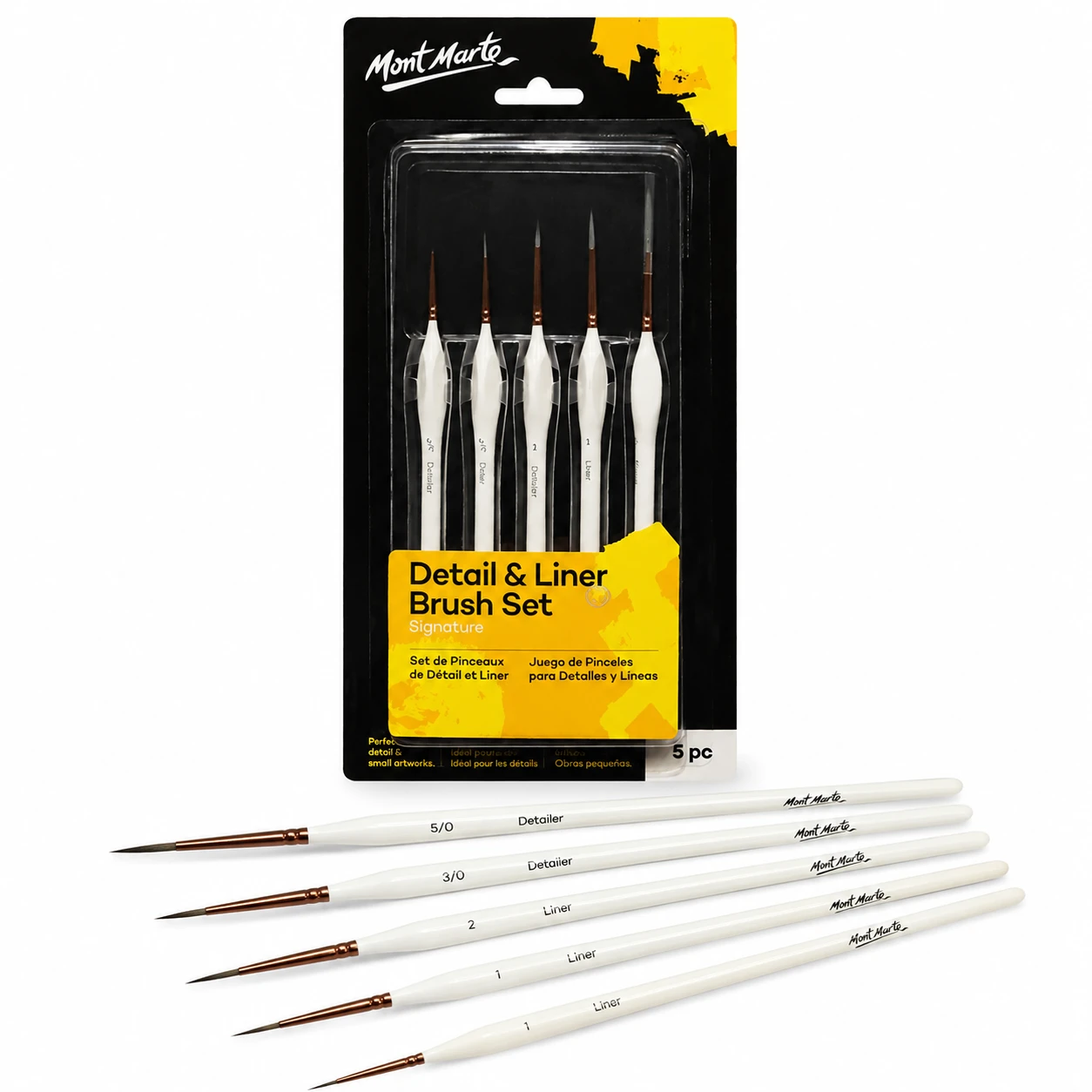 Mont Marte detail and liner brush set pack with the five brushes laid out below