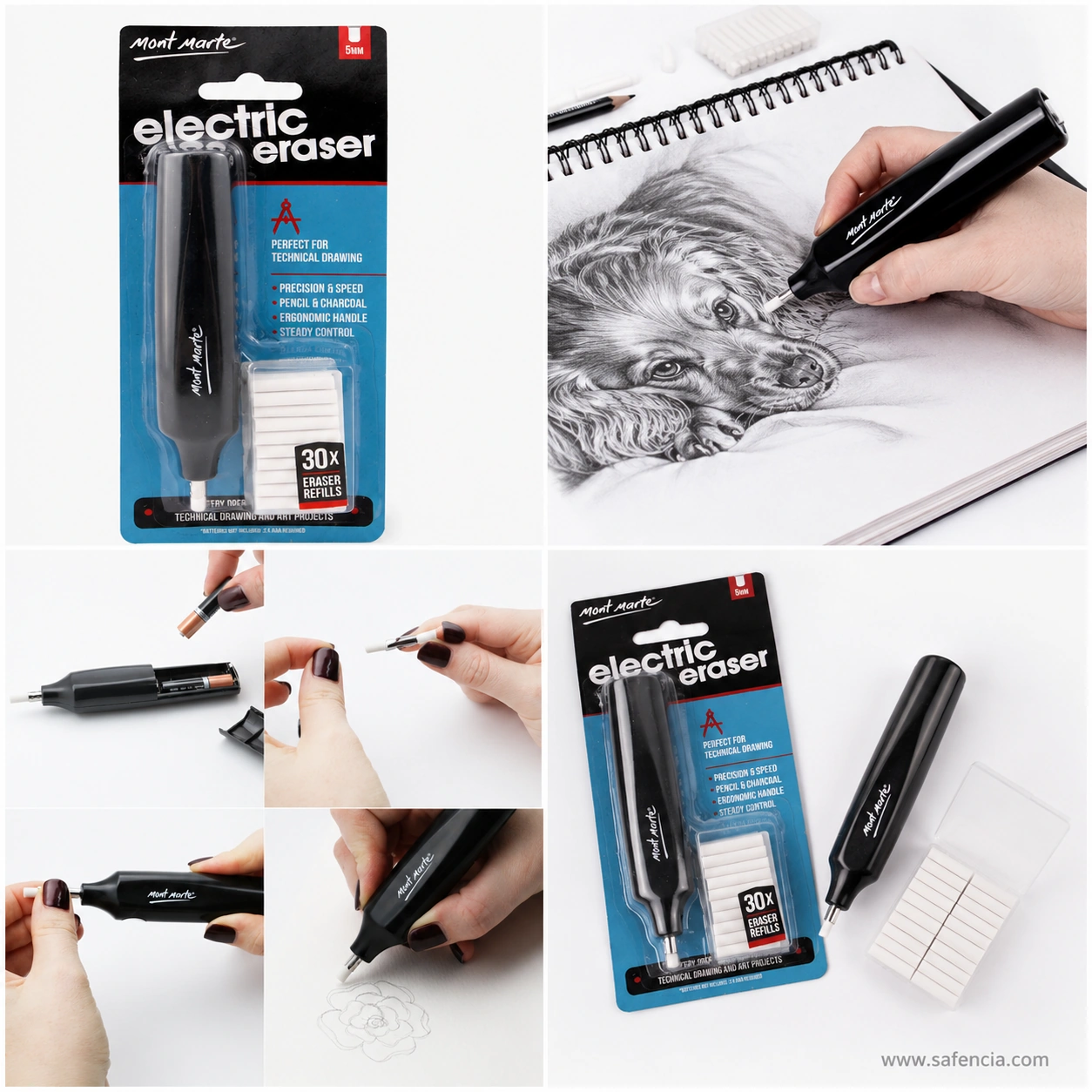 Six views of the Mont Marte electric eraser: the sealed card, the tool erasing highlights into a graphite dog portrait, the end cap off with two AAA batteries in the barrel, a refill being pushed into the tip, and one-handed use on a pencil rose