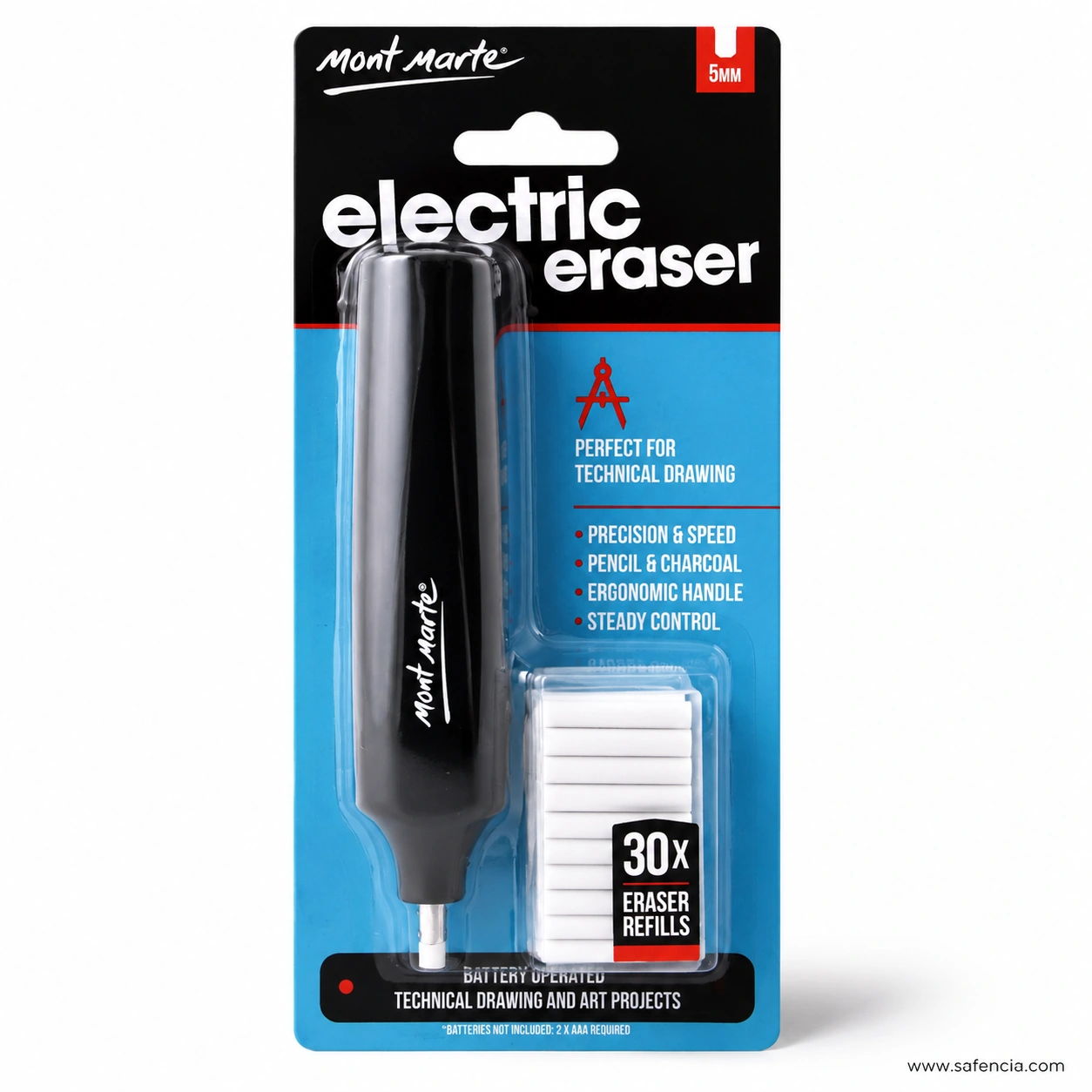 Front of the sealed Mont Marte electric eraser blister card, showing the 5 mm badge, the red compass icon above perfect for technical drawing, the four printed points and the 30 x eraser refills panel