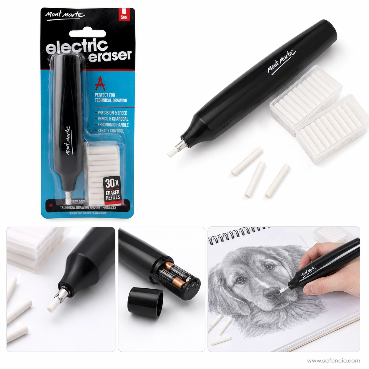 Mont Marte electric eraser pack contents laid out: the blister card, the black barrel with two clear refill cases and loose white 5 mm refills, plus close views of the tip collet and the AAA battery compartment