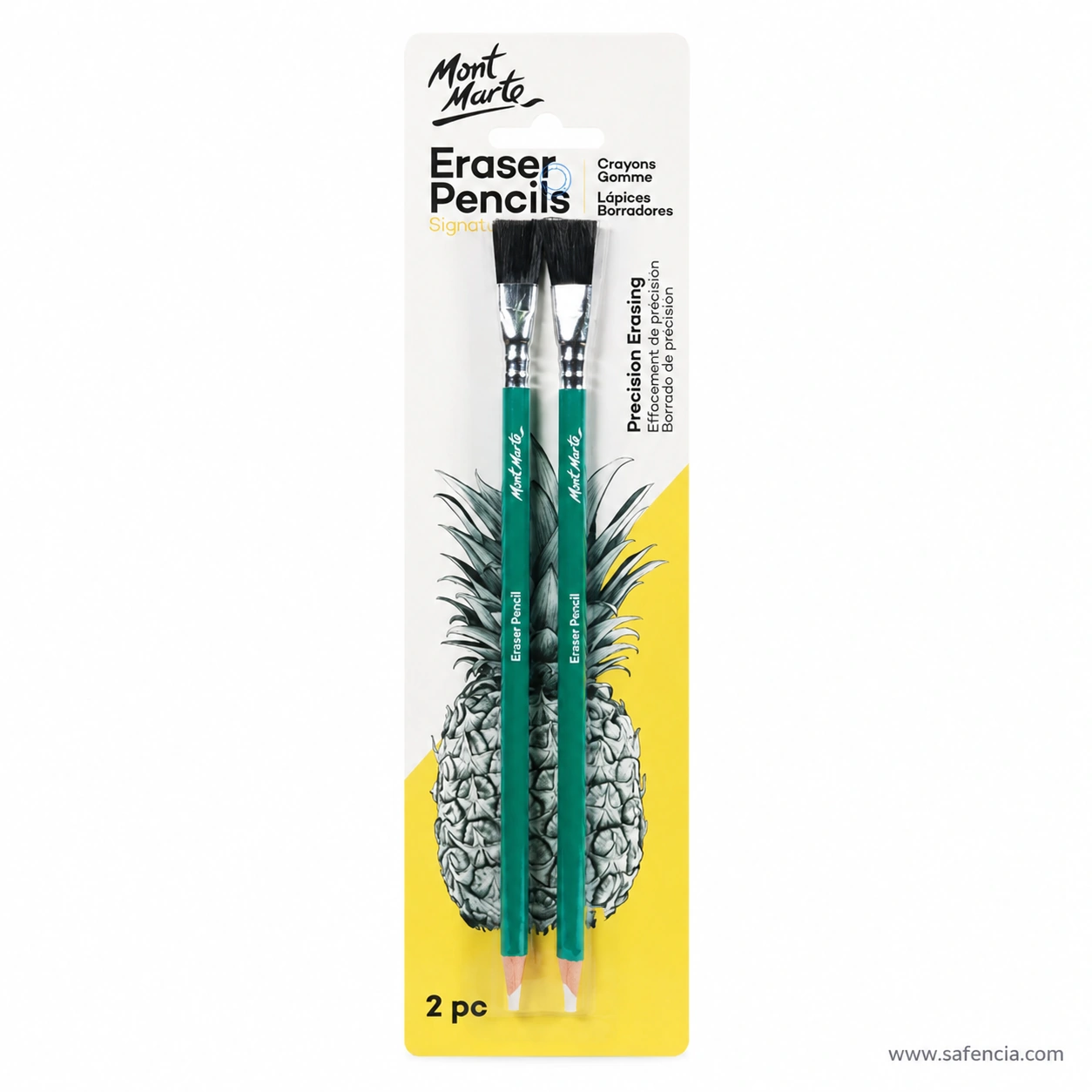 Sealed Mont Marte Eraser Pencils blister pack photographed straight on, showing both green pencils, their sharpened white tips and the Precision Erasing wording