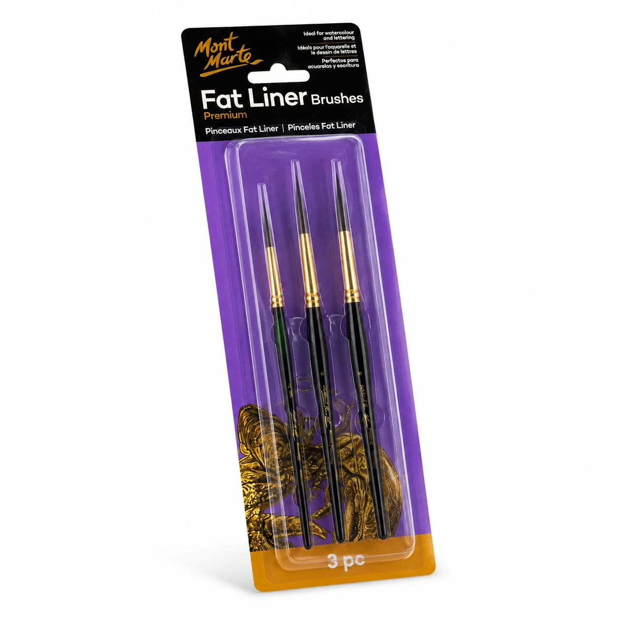 Close view of the long points and gold ferrules on Mont Marte fat liners