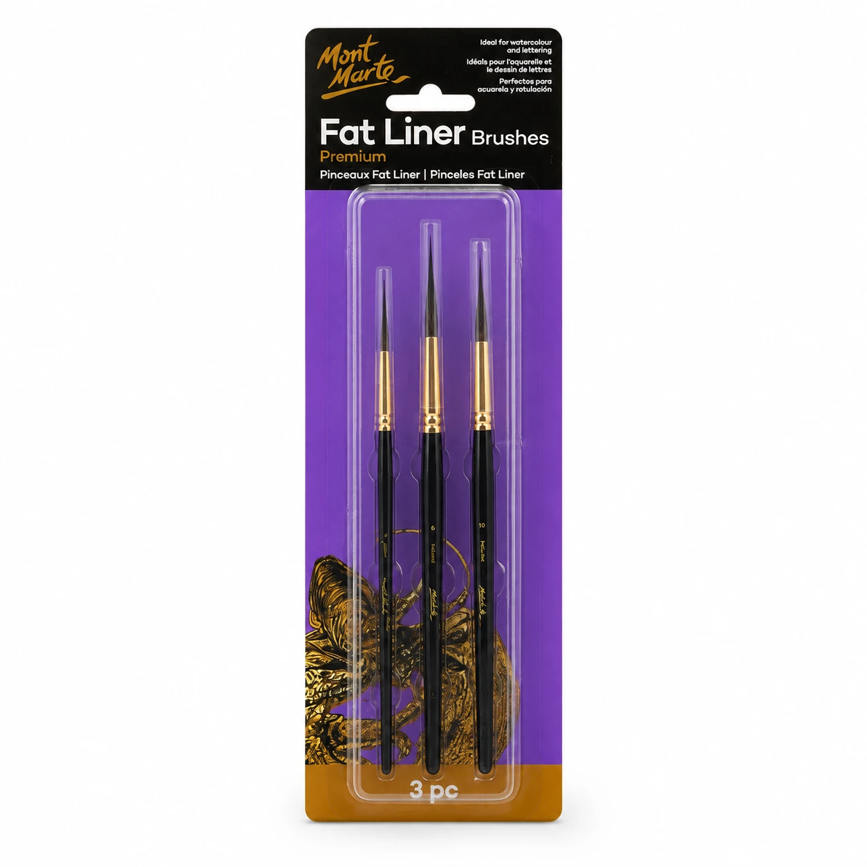 Front of the Mont Marte fat liner brush set pack marked 3 pc