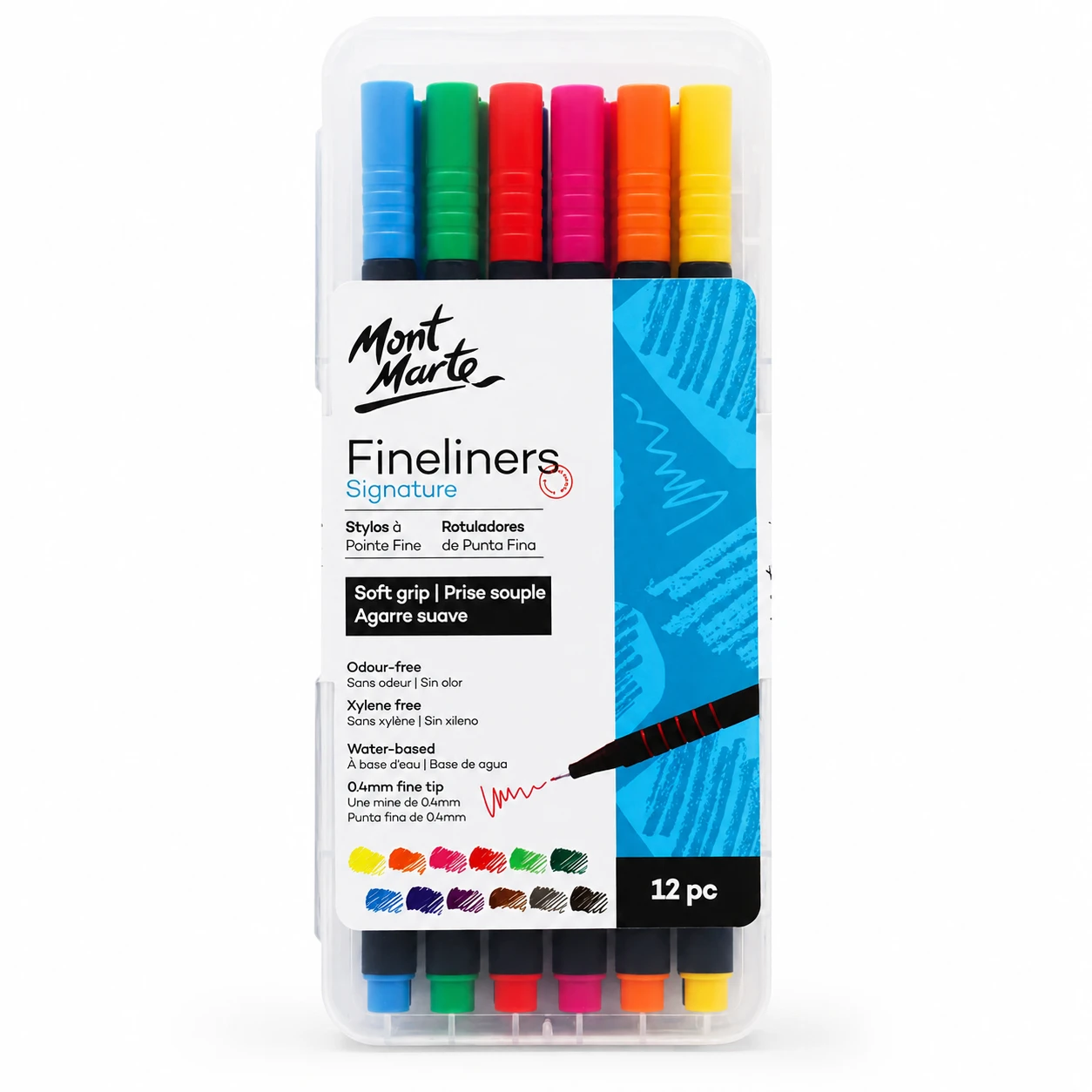 Front of the Mont Marte fineliner case showing the printed specification label