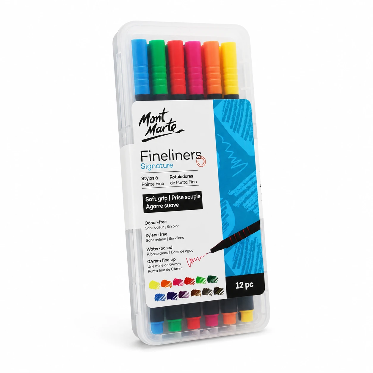 Mont Marte fineliner set in its closed clip-shut clear case